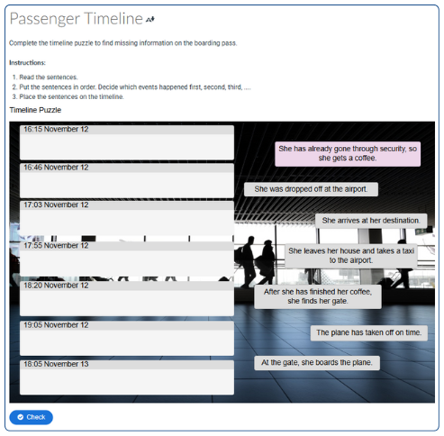 Screenshot of online puzzle for matching sentences with present perfect tense with times in a timeline of an airline traveler